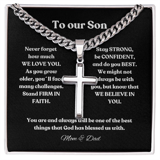 Personalized Steel Cross Necklace on Cuban Chain |  To my Son
