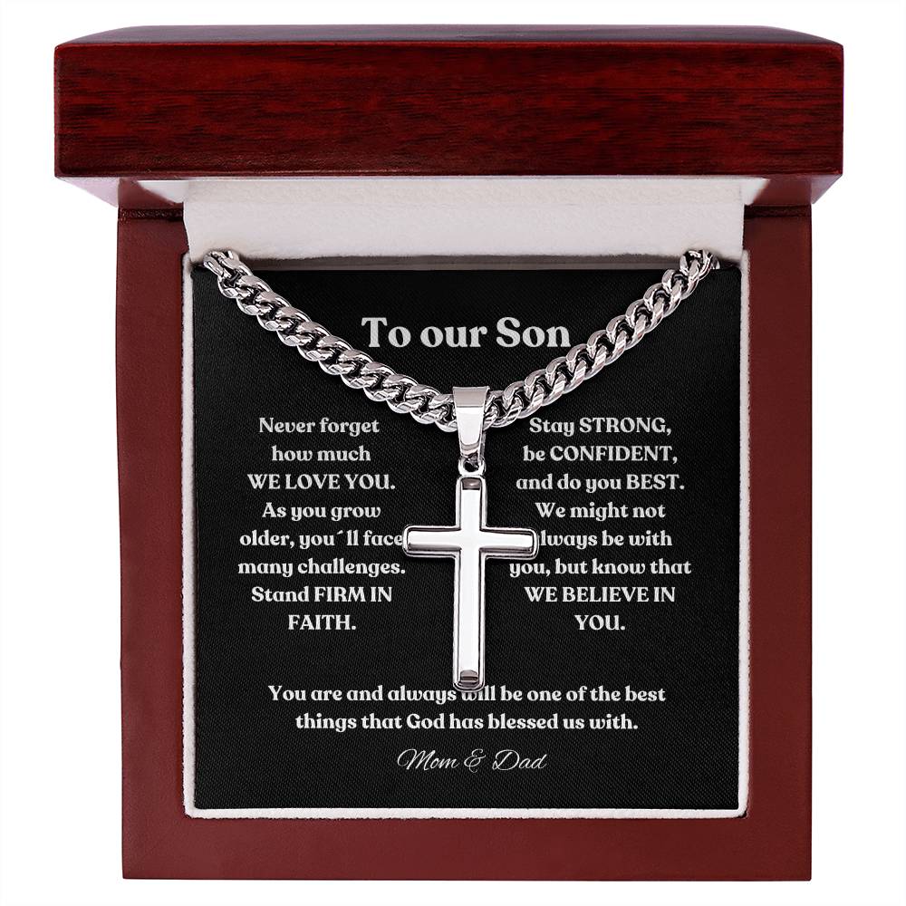 Personalized Steel Cross Necklace on Cuban Chain |  To my Son